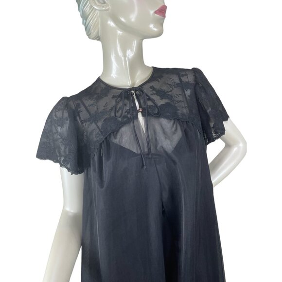 1960s black peignoir negligee in nylon and lace by Shadowline Size S/M - Picture 7 of 10
